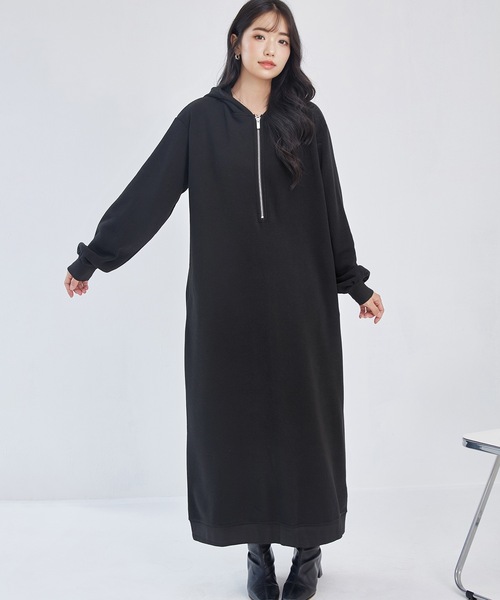 DAYRA ワンピース 裏起毛 ハーフジップ フーデット パーカー