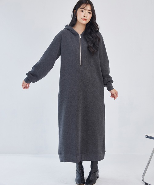 DAYRA ワンピース 裏起毛 ハーフジップ フーデット パーカー