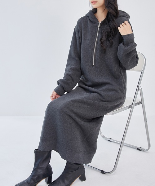 DAYRA ワンピース 裏起毛 ハーフジップ フーデット パーカー