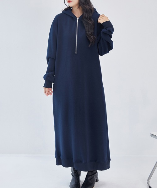 DAYRA ワンピース 裏起毛 ハーフジップ フーデット パーカー