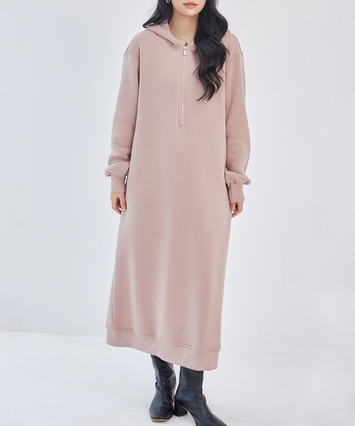 DAYRA ワンピース 裏起毛 ハーフジップ フーデット パーカー