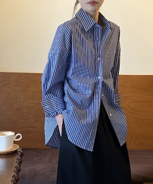 シャツ 長袖 ストライプ レディース オーバーサイズ ブルー 羽織り 韓国 HEILIS（ヘイリス） ブラウス シャツ レディース : ZOZOTOWN Yahoo!店