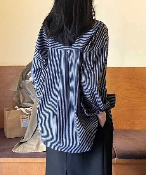 coco♡  COEL ストライプ シャツ COEL Online Storeストライプシャツセットアップ(F ネイビー): TOPS