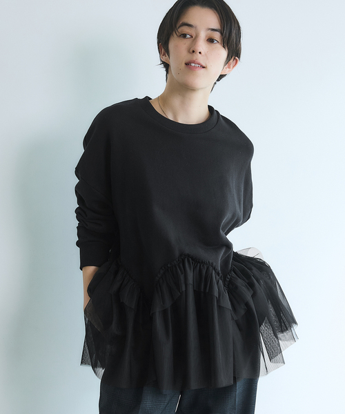 IENA（イエナ） トレーナー スウェット BLACK チュールフリル