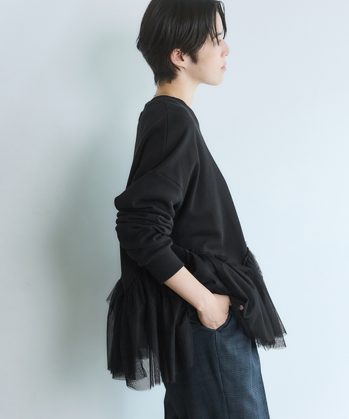 IENA（イエナ） トレーナー スウェット BLACK チュールフリル