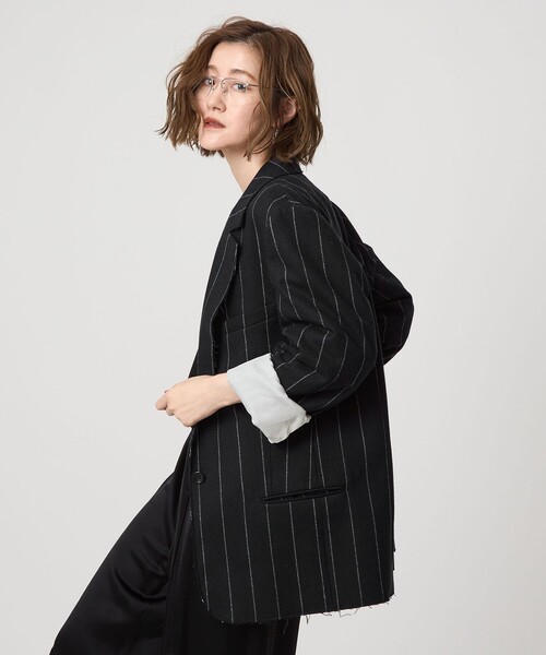 美品　チルコロ　テーラードジャケット　ストライプ　アンコン　ストレッチ　44 S 美品 チルコロ テーラードジャケット ストライプ アンコン ストレッチ