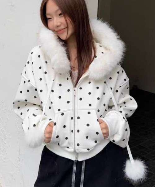 DIAVEL ブルゾン アウター 「冬新作」ビッグファーフード×ドット柄