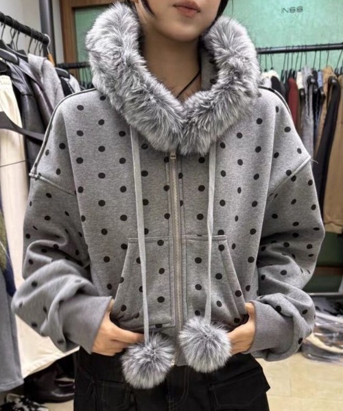 DIAVEL ブルゾン アウター 「冬新作」ビッグファーフード×ドット柄