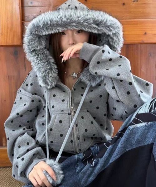 DIAVEL ブルゾン アウター 「冬新作」ビッグファーフード×ドット柄
