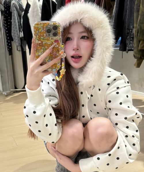 DIAVEL ブルゾン アウター 「冬新作」ビッグファーフード×ドット柄