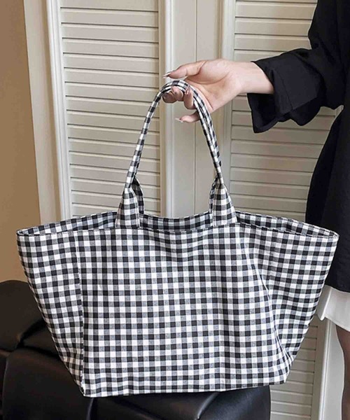 WOVEN 黒白チェック トートバッグ Mignonjour トートバッグ FReePLACe/大容量 ギンガムチェックトート