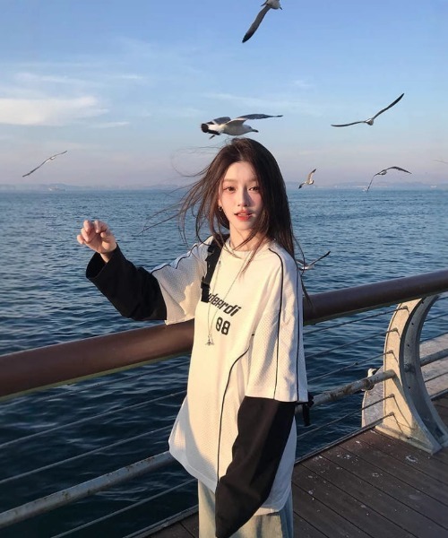 tシャツ Y2Kロゴデザイン フェイクレイヤードロングTシャツ レディース