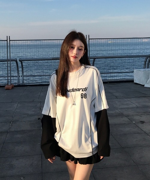 tシャツ Y2Kロゴデザイン フェイクレイヤードロングTシャツ レディース