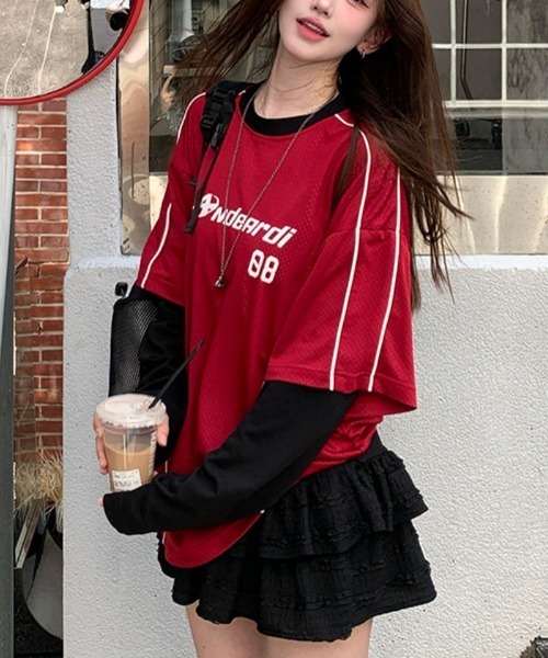 tシャツ Y2Kロゴデザイン フェイクレイヤードロングTシャツ レディース