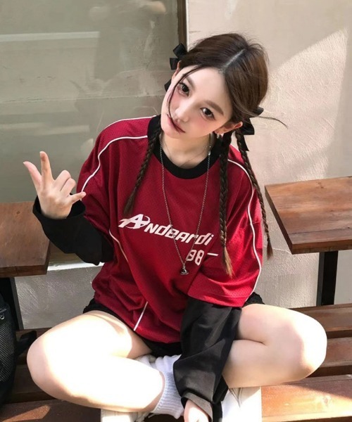 tシャツ Y2Kロゴデザイン フェイクレイヤードロングTシャツ レディース
