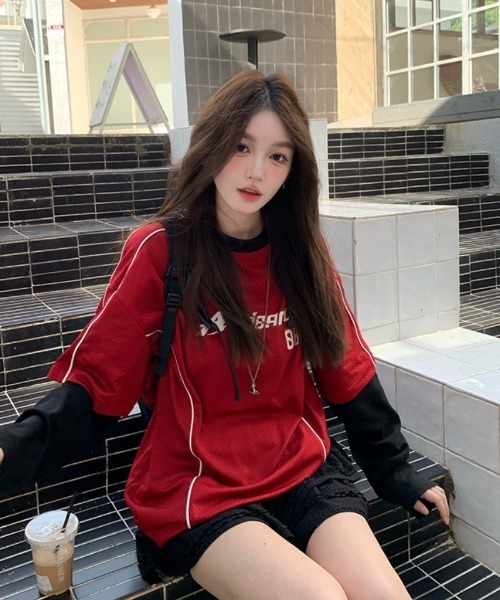 tシャツ Y2Kロゴデザイン フェイクレイヤードロングTシャツ レディース