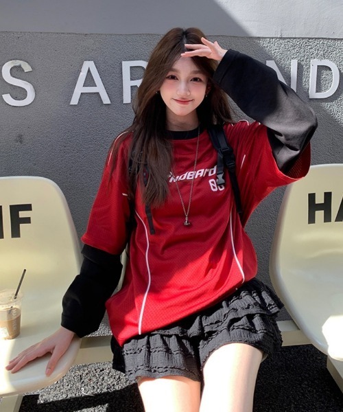 tシャツ Y2Kロゴデザイン フェイクレイヤードロングTシャツ レディース
