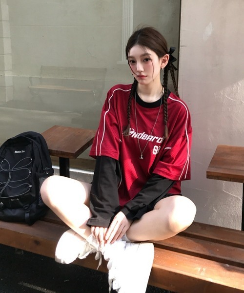 tシャツ Y2Kロゴデザイン フェイクレイヤードロングTシャツ レディース