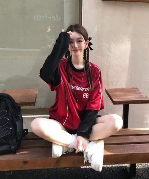 tシャツ Y2Kロゴデザイン フェイクレイヤードロングTシャツ レディース