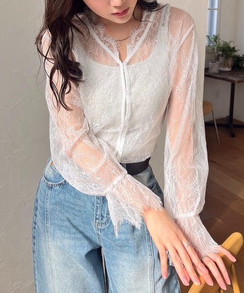 ブラウス シャツ スカラップレーストップス レディース : ZOZOTOWN