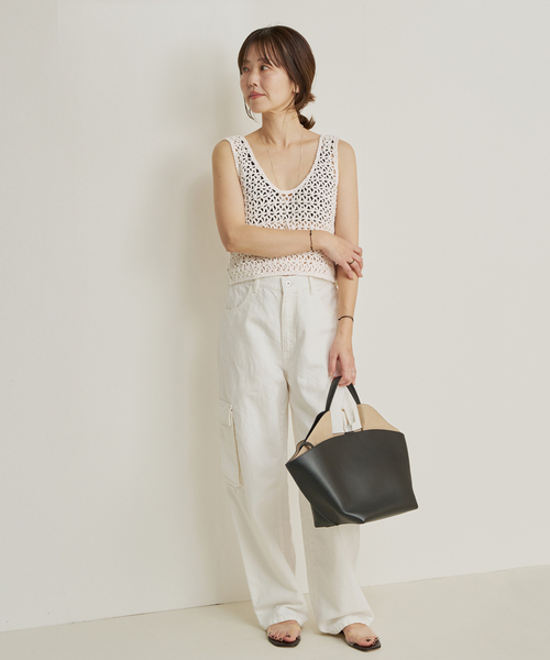 【美品】45R　レーヨンダンプのノースリーブトップ　タンクトップ　ベージュ　M 美品】45R レーヨンダンプのノースリーブトップ タンクトップ ベージュ
