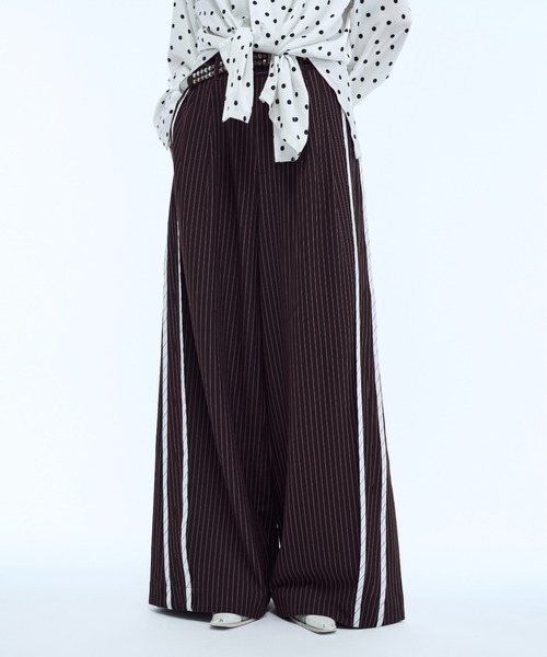 サイドストライプ 黒白 ストレートパンツ スラックス Stripe line wide straight pants / ストライプサイド