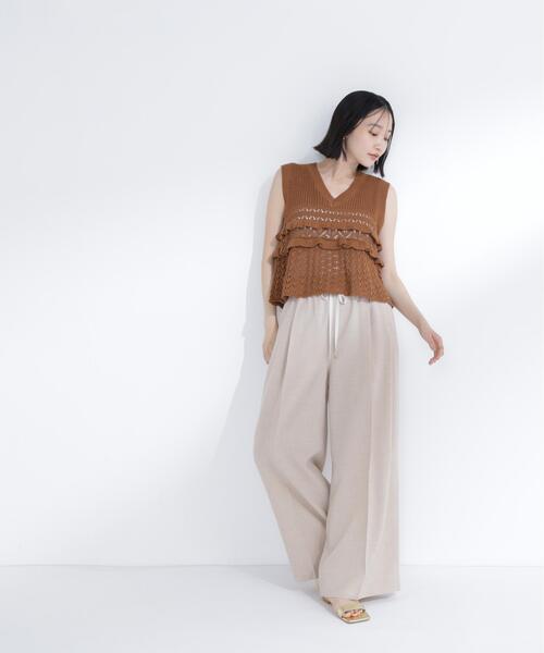 ワイドパンツ パンツ 麻調ワイドパンツ レディースの画像