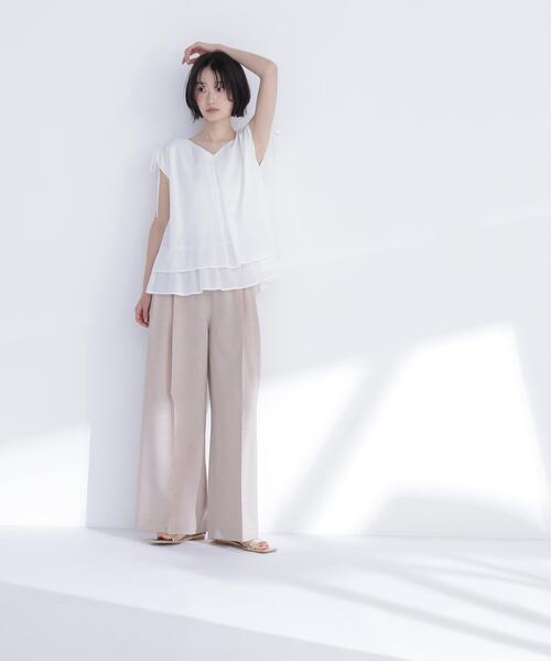 ワイドパンツ パンツ 麻調ワイドパンツ レディースの画像