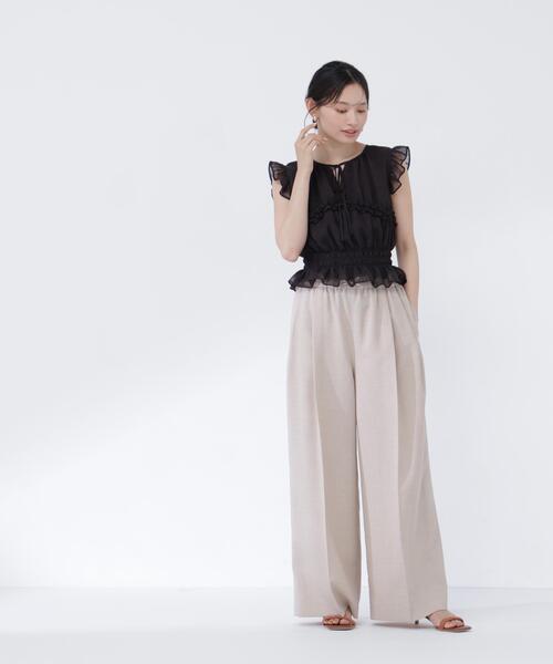 ワイドパンツ パンツ 麻調ワイドパンツ レディースの画像