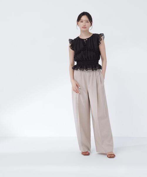 ワイドパンツ パンツ 麻調ワイドパンツ レディースの画像