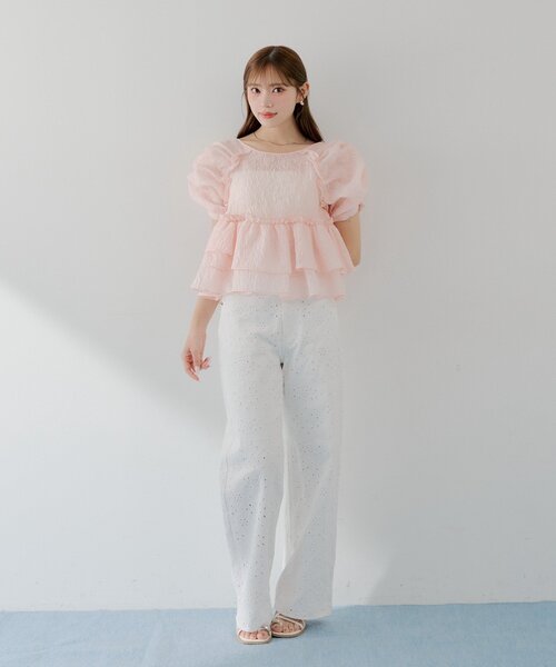 ブラウス シャツ 「SALON by Chico」デザインパフ袖バックリボンペプラムブラウス レディースの画像