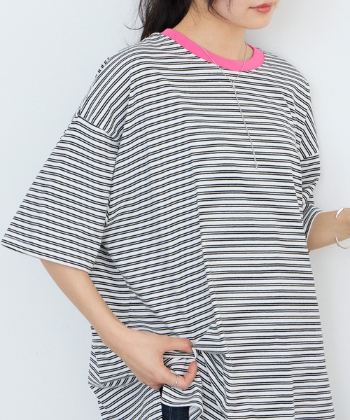 【素敵なデザイン❗️】45rpm ボーダー柄 ドッキング 半袖カットソー 大きめ forksy.（フォルクシー） tシャツ 半袖 「forksy.」半袖配色リブ