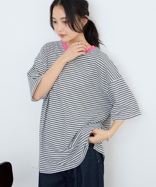 【素敵なデザイン❗️】45rpm ボーダー柄 ドッキング 半袖カットソー 大きめ forksy.（フォルクシー） tシャツ 半袖 「forksy.」半袖配色リブ