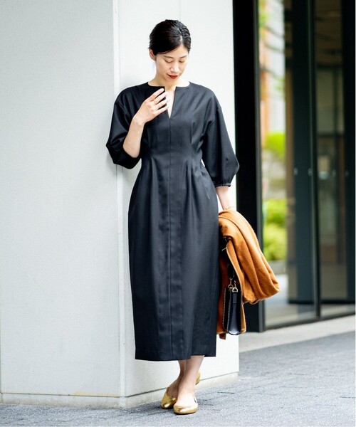 美品 VERMEIL par iena パフスリーブワンピース ネイビー 追加3》P/Ryツイルウエストシェイプ パフスリーブワンピース