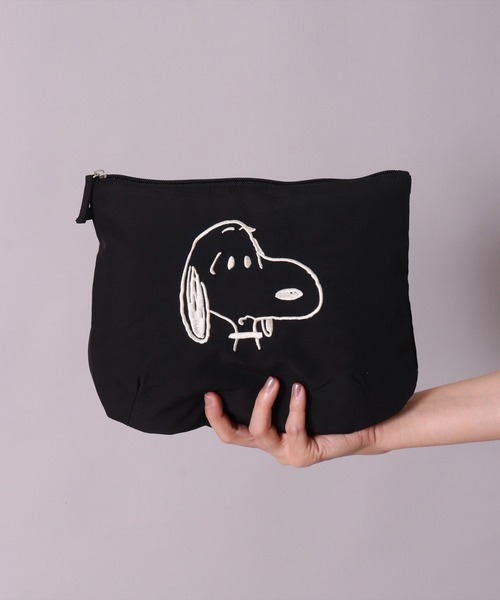 PEANUTS ポーチ (ACT)「PEANUTS」フェイス 刺繍 ナイロン ポーチ