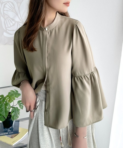 美品✨ルフィル バンドカラー フレアスリーブ ロングシャツブラウス 長袖 F 美品✨ルフィル バンドカラー フレアスリーブ ロングシャツブラウス