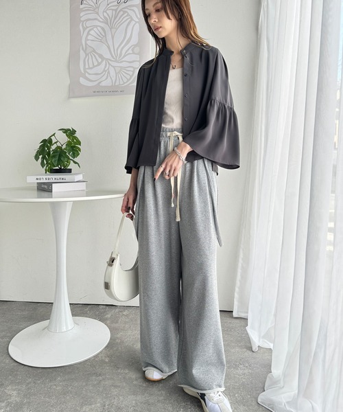 美品✨ルフィル バンドカラー フレアスリーブ ロングシャツブラウス 長袖 F 美品✨ルフィル バンドカラー フレアスリーブ ロングシャツブラウス
