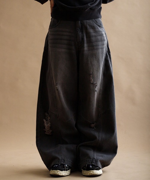 ジーンズ 「EPNK」Curve damage denim pants / カーブダメージデニム