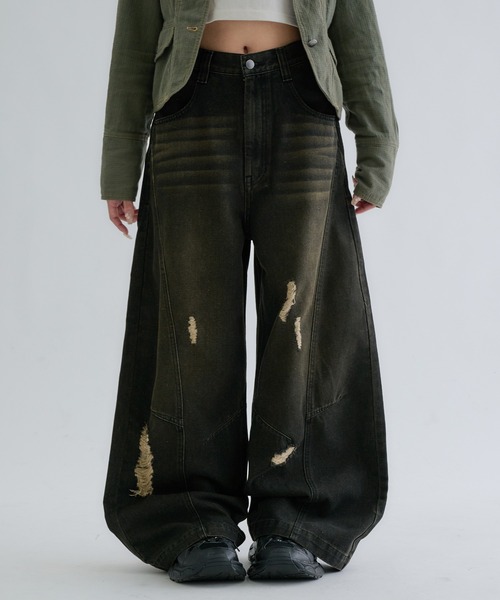 パンツ Dolce&Gabban fade damage denim pants y2k ワイドパンツ ジーンズ 「EPNK」Curve damage denim pants / カーブ