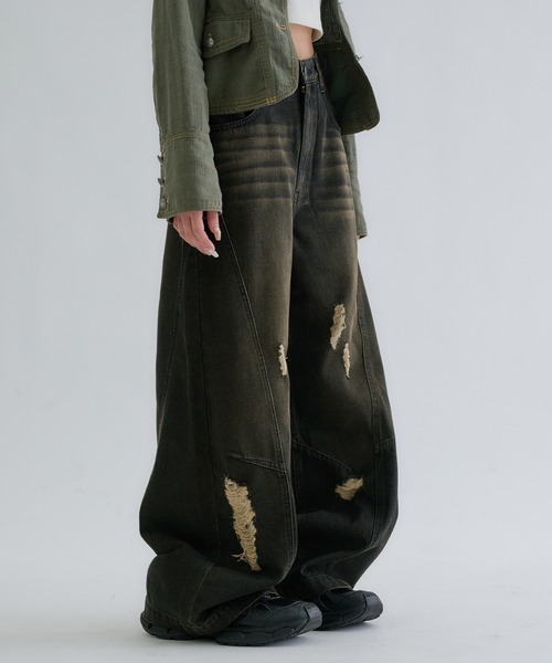 ワイドパンツ ジーンズ 「EPNK」Curve damage denim pants / カーブ 