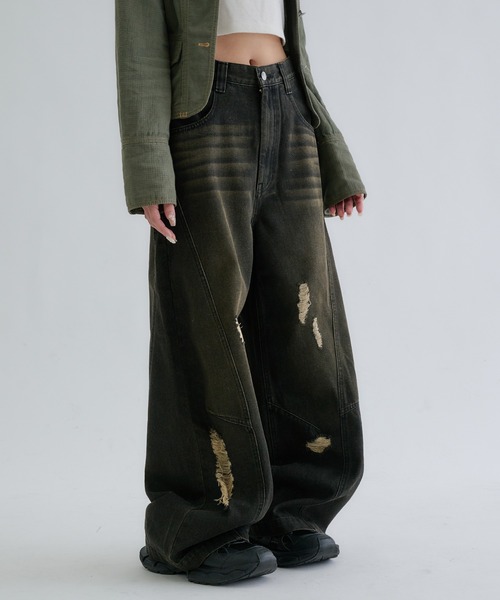 ワイドパンツ ジーンズ 「EPNK」Curve damage denim pants / カーブ