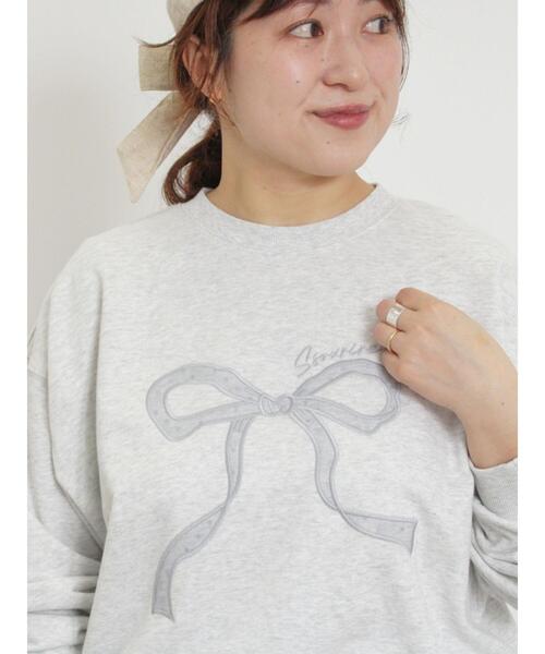 Samansa Mos2 トレーナー スウェット リボン＆ロゴチュールアップリケ