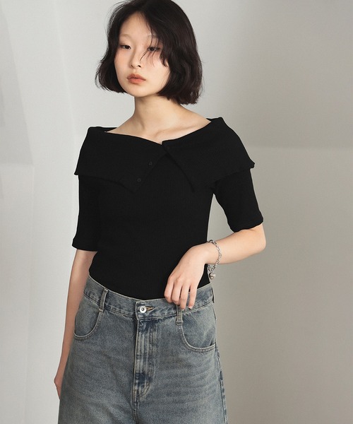 tシャツ ビッグカラー オフショルダー Tシャツ レディース