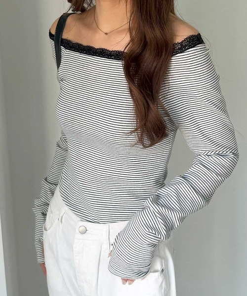 nelliy. tシャツ レース切替ボーダーオフショルダ―トップス レディース