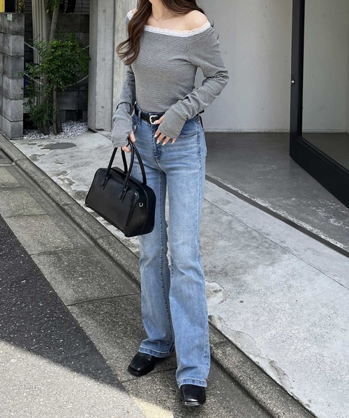 nelliy. tシャツ レース切替ボーダーオフショルダ―トップス レディース