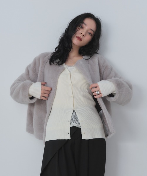 Shelly island（シェリーアイランド） ノーカラーコート コート ファー