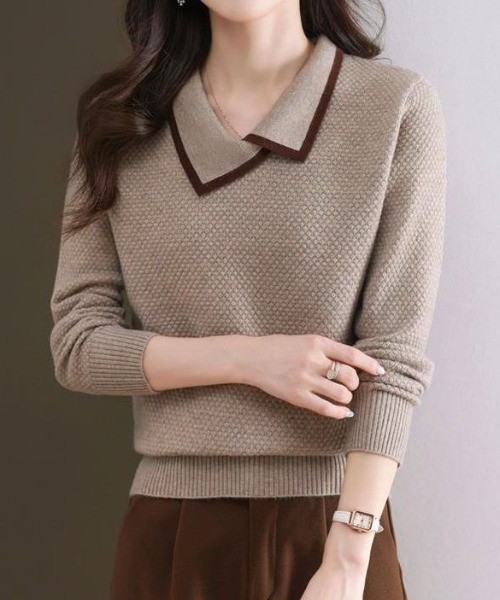 deux amour ニット セーター アシンメトリー配色えりニット長袖プル