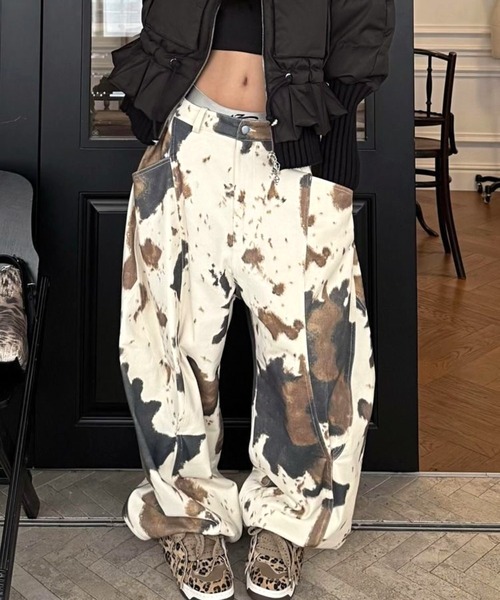 CANVAS+ ワイドパンツ パンツ 「CANVAS＋」カウ柄スーパールーズワイド
