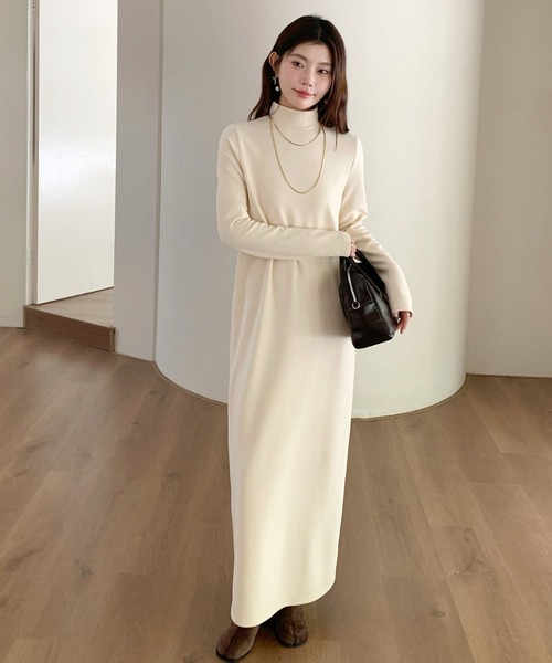 裏毛タートルワンピース ワンピース 「選べる着丈」裏起毛 タートルネックマキシワンピース