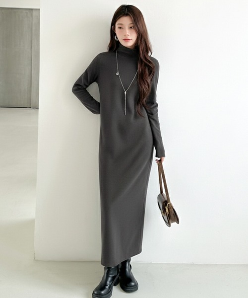 ワンピース 「選べる着丈」裏起毛 タートルネックマキシワンピース